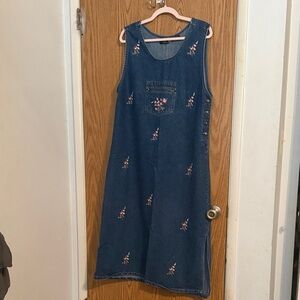 VTG 90s M.P.H. Blues Sleeveless Floral Embroidered Denim Pinafore Dress Size L